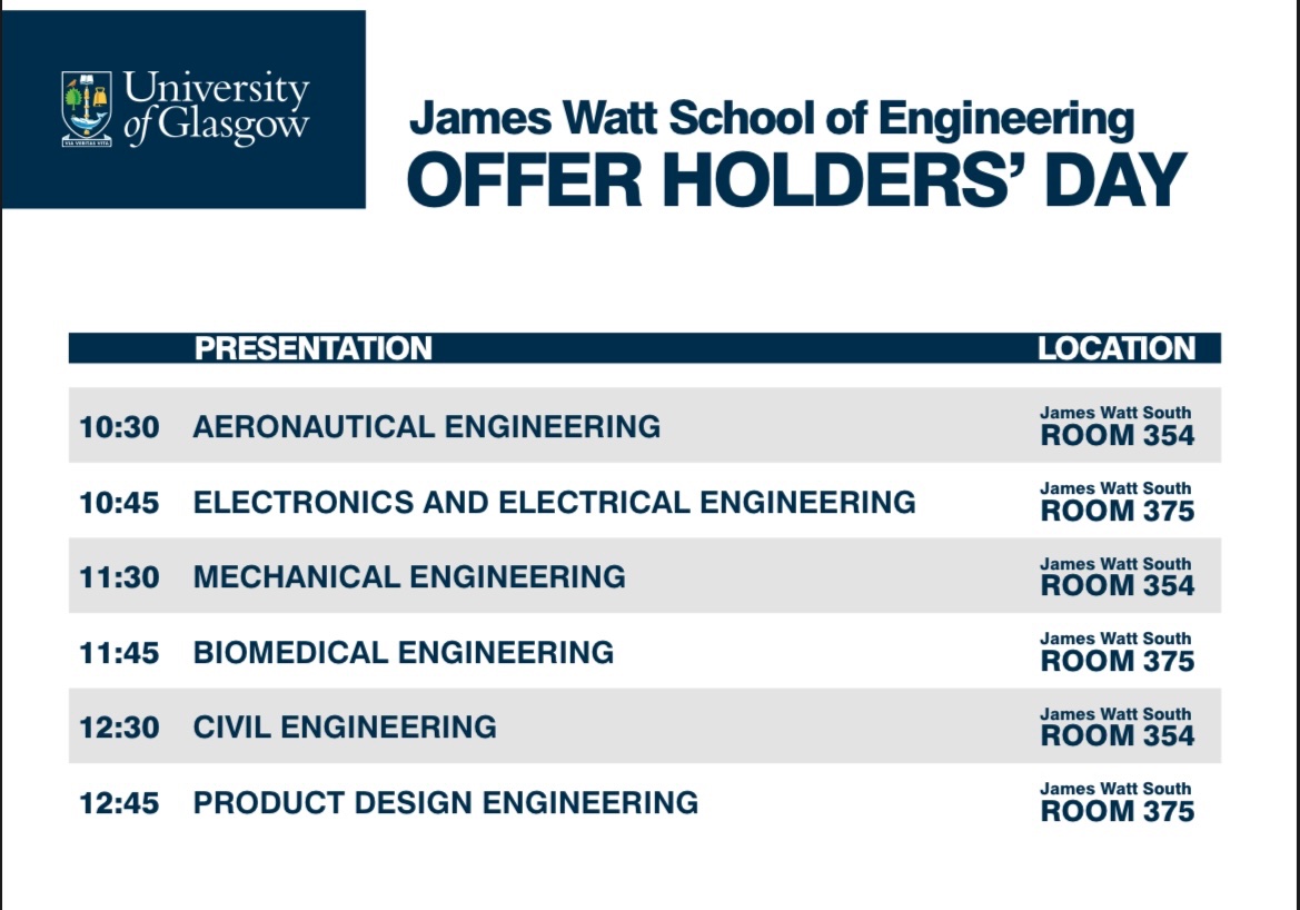 Coming to one of our Heads of Discipline talks in the James Watt South Building for Offer Holders’ Day? Make a note of the time and plan your visit accordingly! #teamuofg #worldchangers #worldchangerswelcome