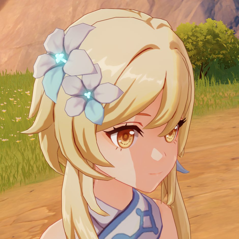 euphemians's tweet photo. //archon quest spoilers
//genshin 2.6 spoilers

the flower in lumine's hair is officially called an "inteyvat." it is the national flower of khaenri'ah. https://t.co/mw5aGuzA2z