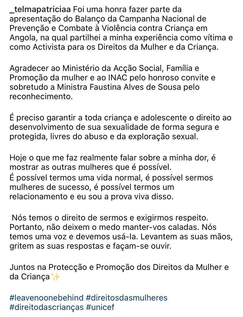 telminha_ps's tweet photo. Foi uma honra fazer parte da apresentação do Balanço da Campanha Nacional de Prevenção e Combate à Violência contra Criança em Angola. 
Agradecer ao Ministério da Acção Social, Família e Promoção da mulher e ao INAC pelo honroso convite e sobretudo a Ministra Faustina de Sousa✨ https://t.co/N2fX3DlZTY