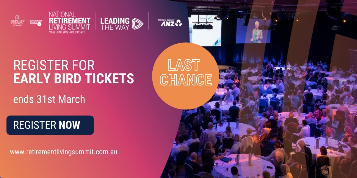 LAST CHANCE to secure the early bird rate for the National Retirement Living Summit 2022 on the Gold Coast!

Register now: lnkd.in/ghrdun6v

#NRLS #RetirementLivingSummit #RetirementIndustry #RetirementSector