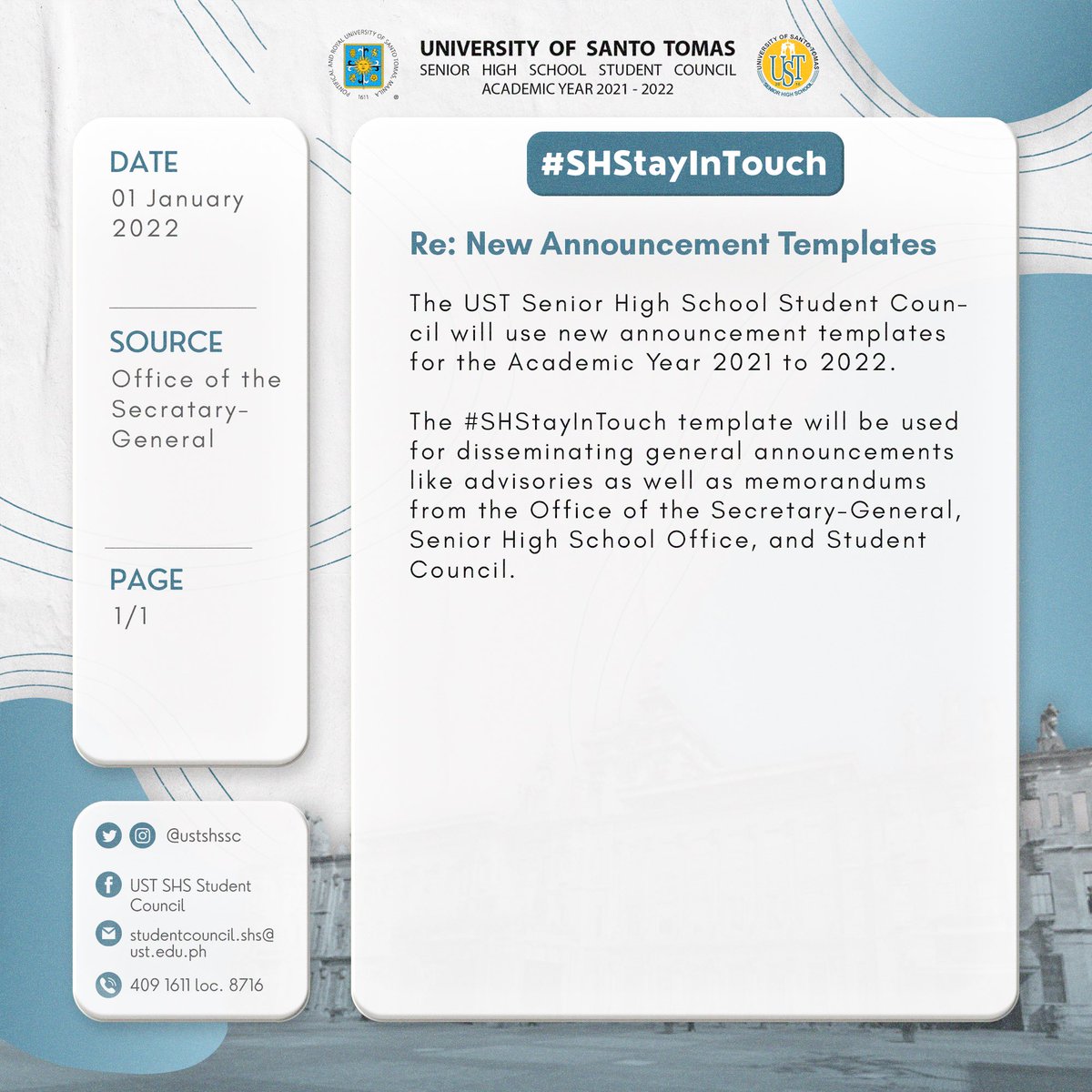 ustshssc's tweet photo. RE: New Announcement Templates
The UST SHS Student Council introduces the new announcement templates for A.Y 2021-2022. 📝🧑💻
Please be guided accordingly.
#SHStayInTouch
#SHSaveTheDate
#KeepSHSafe
#AnSHSwer
Layout by Janley Masigan and Shaine Mias https://t.co/RUcjjLTqx3