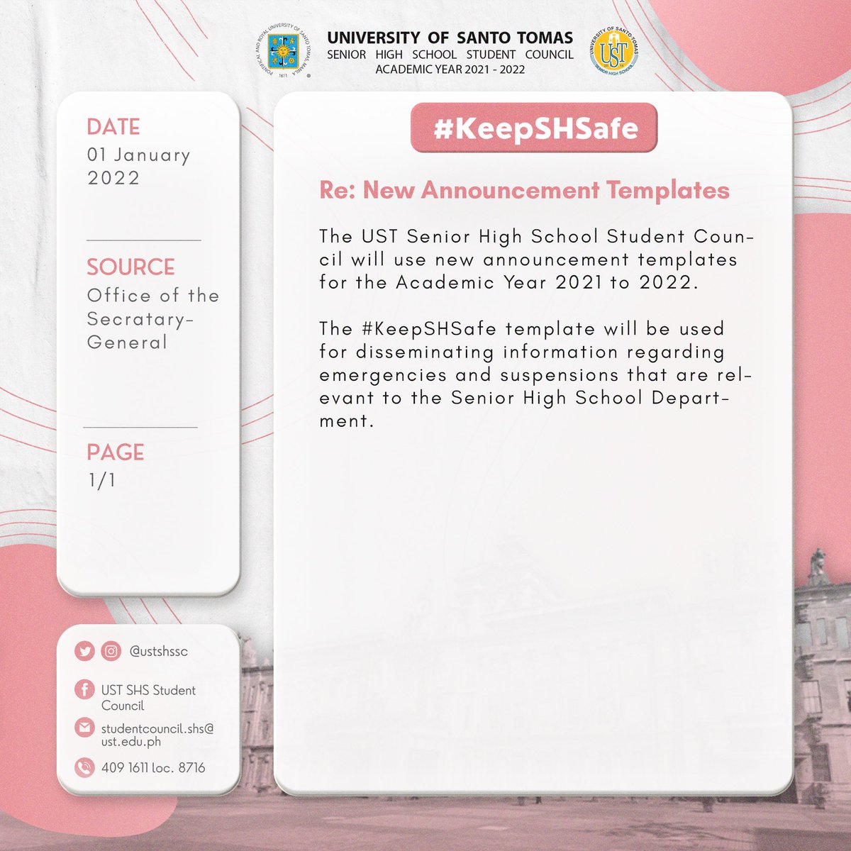 ustshssc's tweet photo. RE: New Announcement Templates
The UST SHS Student Council introduces the new announcement templates for A.Y 2021-2022. 📝🧑💻
Please be guided accordingly.
#SHStayInTouch
#SHSaveTheDate
#KeepSHSafe
#AnSHSwer
Layout by Janley Masigan and Shaine Mias https://t.co/RUcjjLTqx3