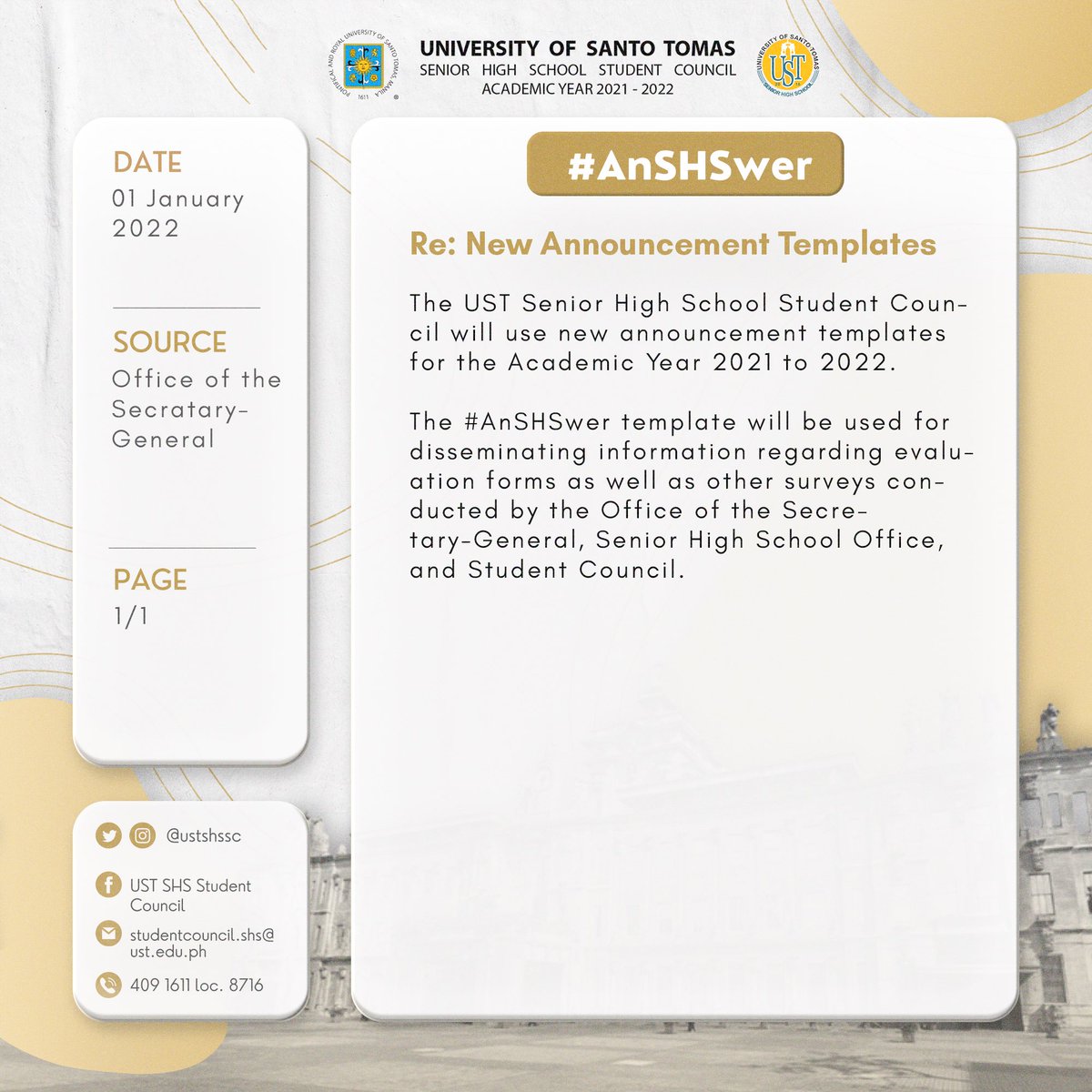 ustshssc's tweet photo. RE: New Announcement Templates
The UST SHS Student Council introduces the new announcement templates for A.Y 2021-2022. 📝🧑💻
Please be guided accordingly.
#SHStayInTouch
#SHSaveTheDate
#KeepSHSafe
#AnSHSwer
Layout by Janley Masigan and Shaine Mias https://t.co/RUcjjLTqx3