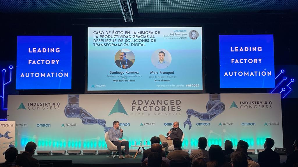 AdvanFactories's tweet photo. Santiago Ramirez de @WonderwareES y Marc Franquet de @Kernpharma reflexionan sobre casos de éxito en la mejora de la #productividad gracias al despliegue de soluciones de #transformacióndigital. 
#AF2022 #Innovación #tecnología https://t.co/Jqgg69zIkH