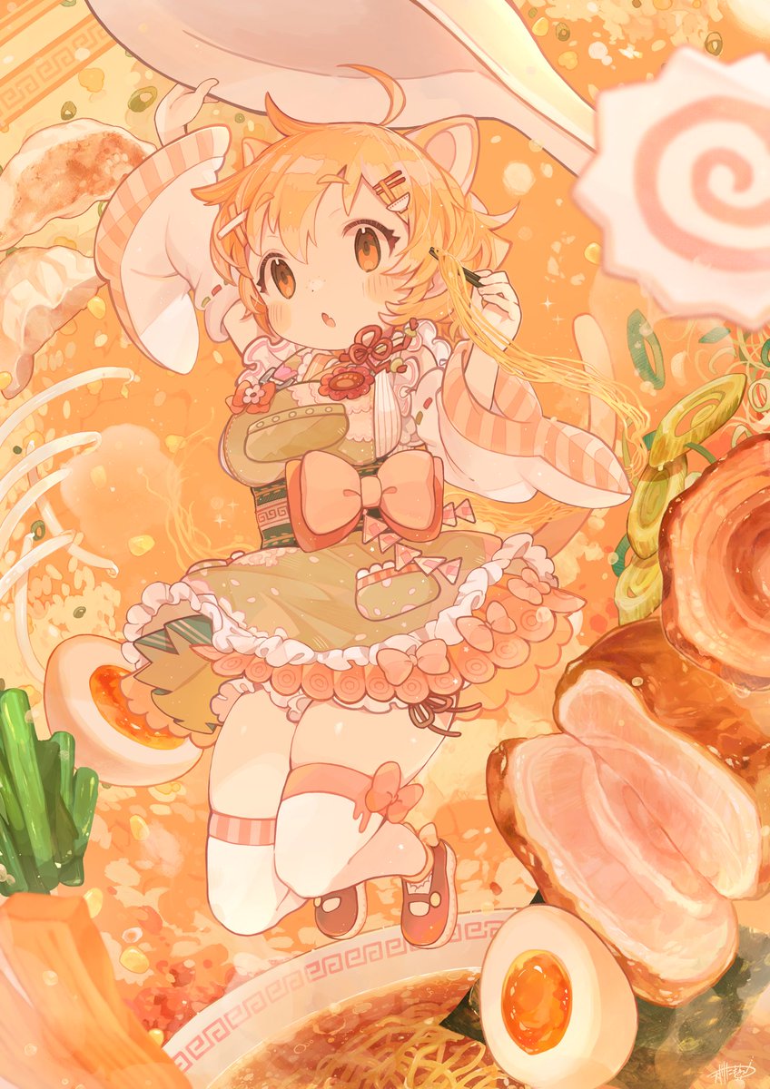 1girl noodles food ramen solo animal ears thighhighs  illustration images