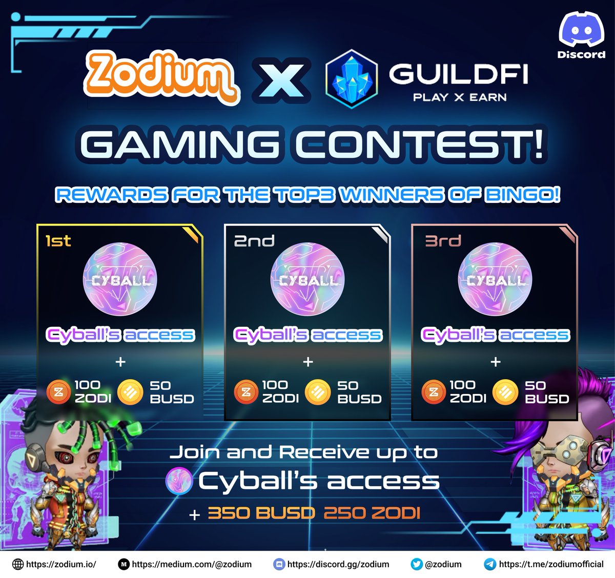[📣 <a href="/GuildFiGlobal/">GuildFi</a>  X #Zodium’s First Co-Host Gaming Contest]

#CyballScholarship access, #ZODI, and #BUSD #Giveaway Raffles!
✅ Please Tag 3 friends and RT this tweet!
✅ Participate with this link: bit.ly/3NqErpc

For more details⬇️
bit.ly/3DuLUiv
