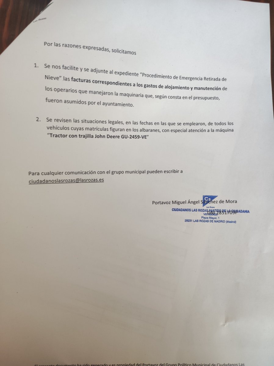 CsLasRozas's tweet photo. Hemos vuelto a solicitar documentación relativa a los gastos que hubo en #Filomena, así como la revisión de las situaciones legales de los vehículos empleados   #LasRozas https://t.co/b5SCr92PSn