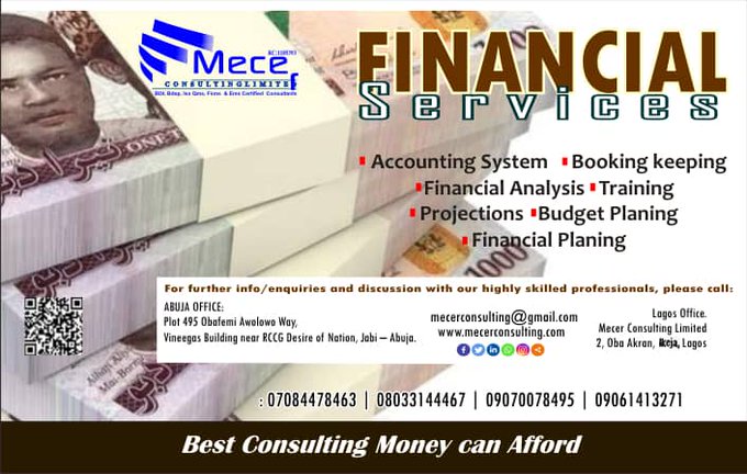 MecerConsults's tweet photo. @MecerConsults
Are you in need of financal services?

- Accounting System
-Book Keeping 
-Financial Analysis
-Budget Planing etc

Come let us help you.

For further details, kindly go through the flier below.

#nysc #EFCC #Tinubu #Igbo https://t.co/4cBYApBLB7