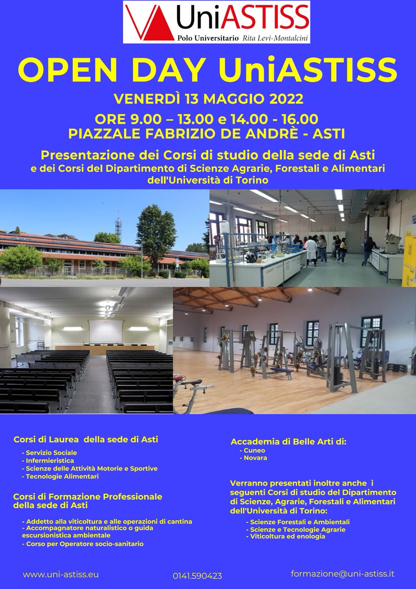 uniastiss's tweet photo. OPEN DAY UNIASTISS. Venerdì 13 maggio 2022 la presentazione dei Corsi di studio della sede di Asti e del Dipartimento di Scienze Agrarie, Forestali e Alimentari dell'Università di Torino. LEGGI SUL SITO➡https://t.co/dgc9OxktIa https://t.co/CfmsgZ9EIE