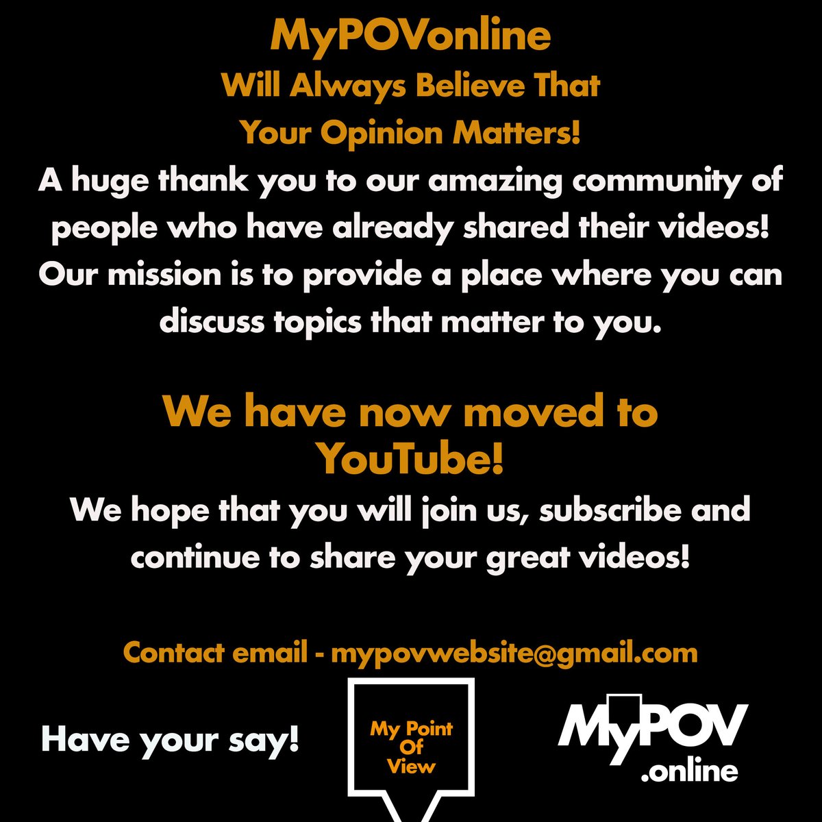 MyPOVonline has now moved to YouTube! We would be delighted to continue to share your amazing Points of View, Stories, Research and Charity Work. Please do email us if you would like to send us a video or book a recorded zoom. We hope you will all subscribe to our new channel!