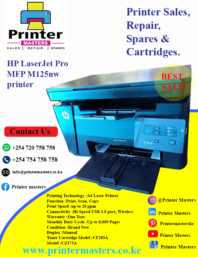 PrinterMasters's tweet photo. HP LaserJet Pro MFP M125nw printer B/W laser Certified Refurbished | CF278A
Money @Printermasters® we're Home of Quality Products, where Value for Money is a Grantee✅
#UhurusNotableLie #JusticeForEbbie #padora #MarthaIsDead https://t.co/L5QZwNlUl1
