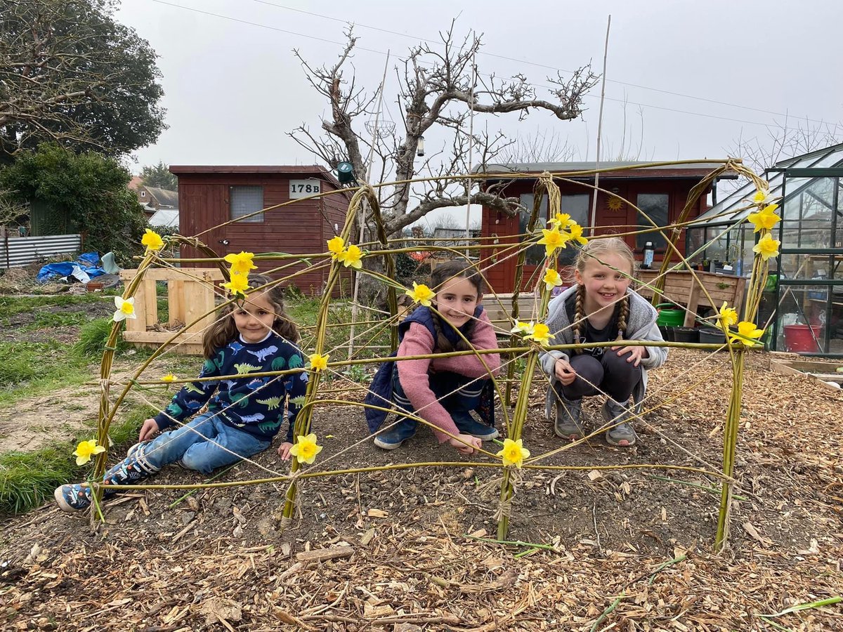 GrowEastbourne's tweet photo. So a hot topic on the plot is whether we should let our magnificent willow structure root… and we’ve decided YES 👏 Now a designated crawl space for anyone that can fit through and a creative area to celebrate nature. Here’s some daffodil weaving for your delectation. https://t.co/69DwRDVQnA