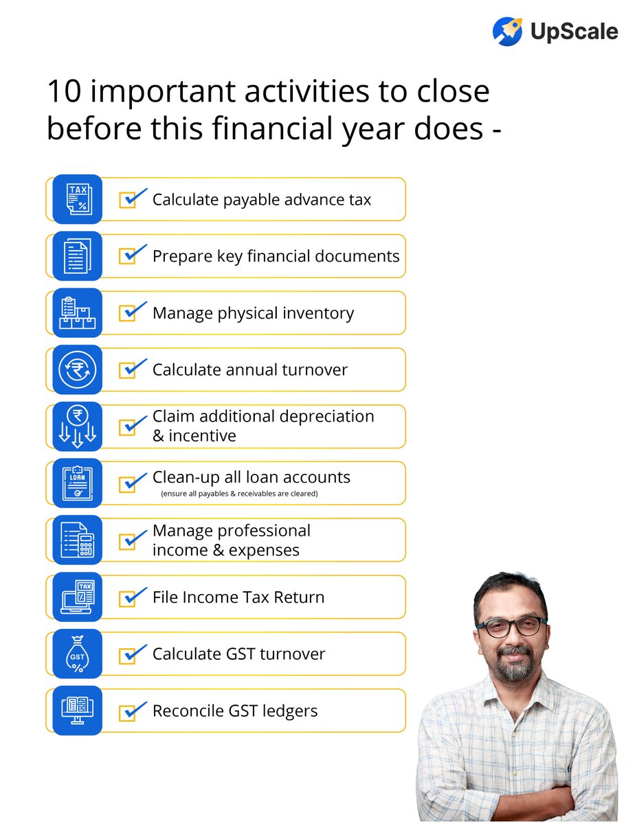 #FinancialYearEnd 

What should #smallbusiness owners keep in mind? Here’s a #lastminute #checklist to help you close the year. Have a look! Share with your peers. And follow @UpScaledotcash for more such insights!

#MSME #SME #EndOfFinancialYear #BusinessChecklist #WithUpScale