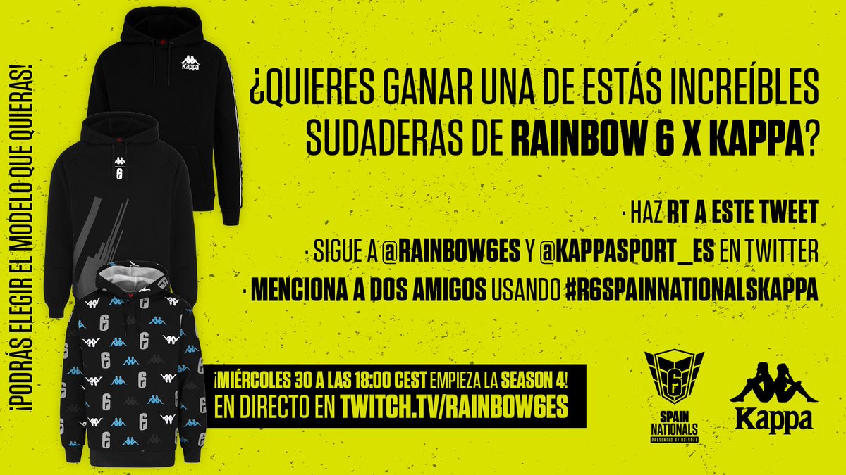 Rainbow6ES's tweet photo. 🧥 ¿Quieres ganar una de estás increíbles sudaderas de Rainbow 6 x @KappaSport_ES?

1⃣ RT a este tweet
2⃣ Seguir a @Rainbow6ES y @KappaSport_ES 
3⃣ Menciona a 2 amigos con los que verás hoy el inicio de la Season 4 con #R6SpainNationalsKappa 

¡Mucha suerte a todos! https://t.co/0zbgdkaqcL