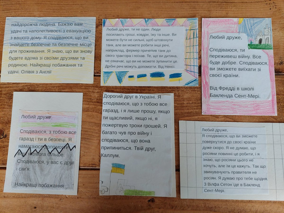 Just collected the cards from school for #PackedWithHope some cards are funny, some moving & all translated to Ukrainian i think! I like advice about small things count and using the farmer pinching a tank example, also blame Russian leadership not Russians, all from 7-8yro