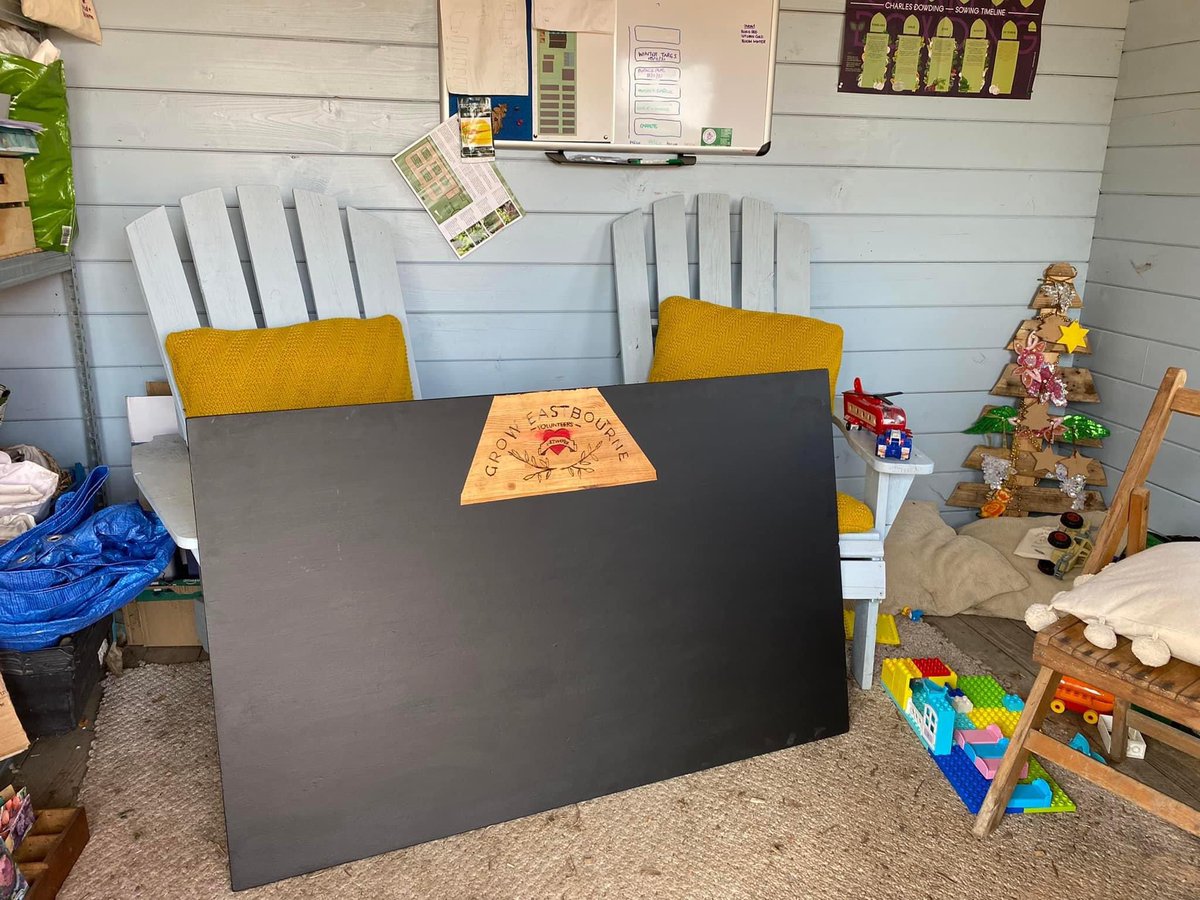 GrowEastbourne's tweet photo. Thank you so much to the Hampden Park Shedders and Linda, who handed over this masterpiece! Recycled from a disused table top with our logo lovingly pyrographed into the wood. We’ll be using this to keep track of our planting. Thank you very much 🥰 https://t.co/ovwmFAUMFr