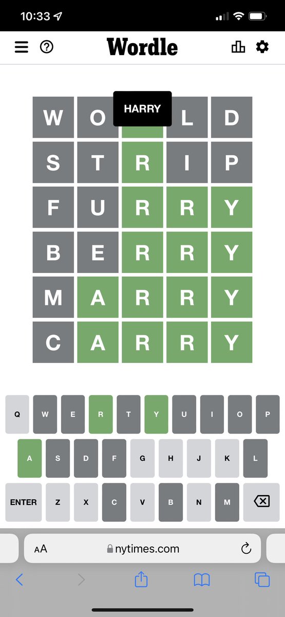 WordleAnswer1's tweet photo. Todays wordle Harry #wordle284 #wordle #wordlehint #WordleEnglish https://t.co/D9ol0mw08y