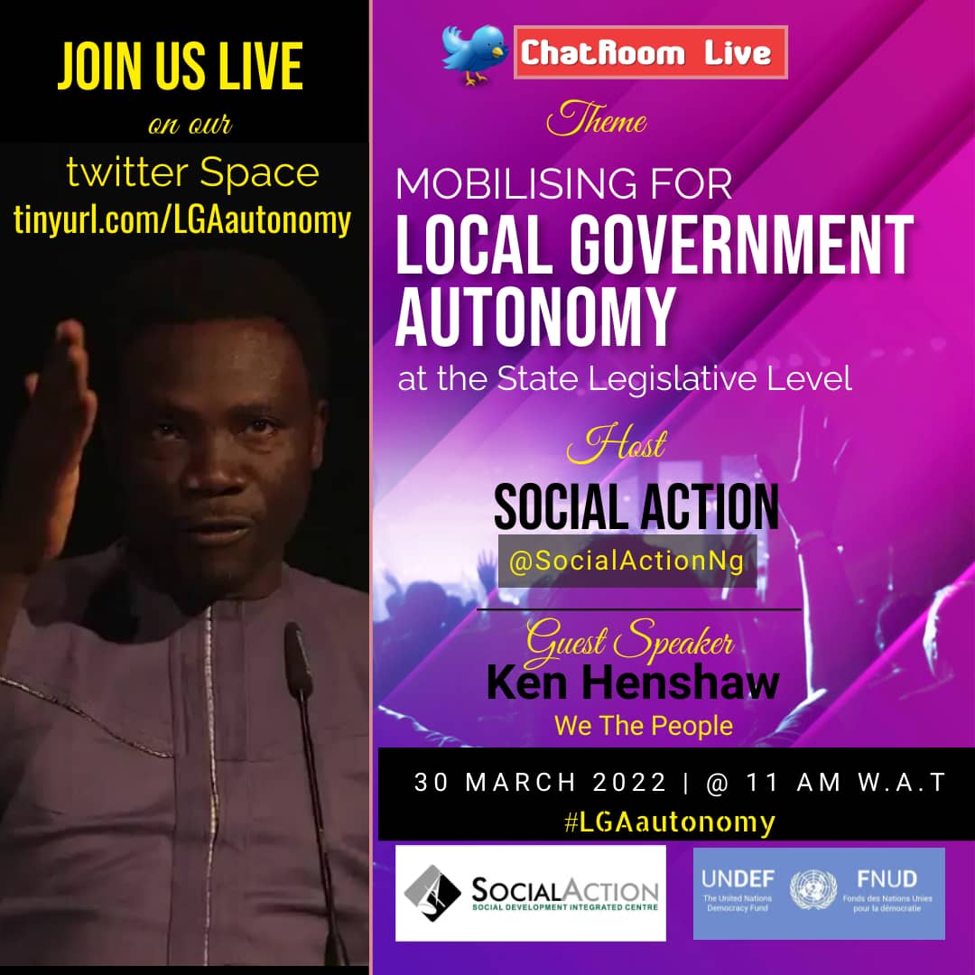 SocialAction6's tweet photo. Less than 30 minutes to this discussion.
Join our Twitter space today 
@SocialActionNg is the host. Kindly join in
#TwitterSpaces
#SpacesHost
#LGAautonomy
#LGA
#accountabilityinthelga
#ad
@Ken_Henshaw @uzomakelechi1 @conumah @EkperePrince @Nwachukwulucas https://t.co/JlRffq1lD9