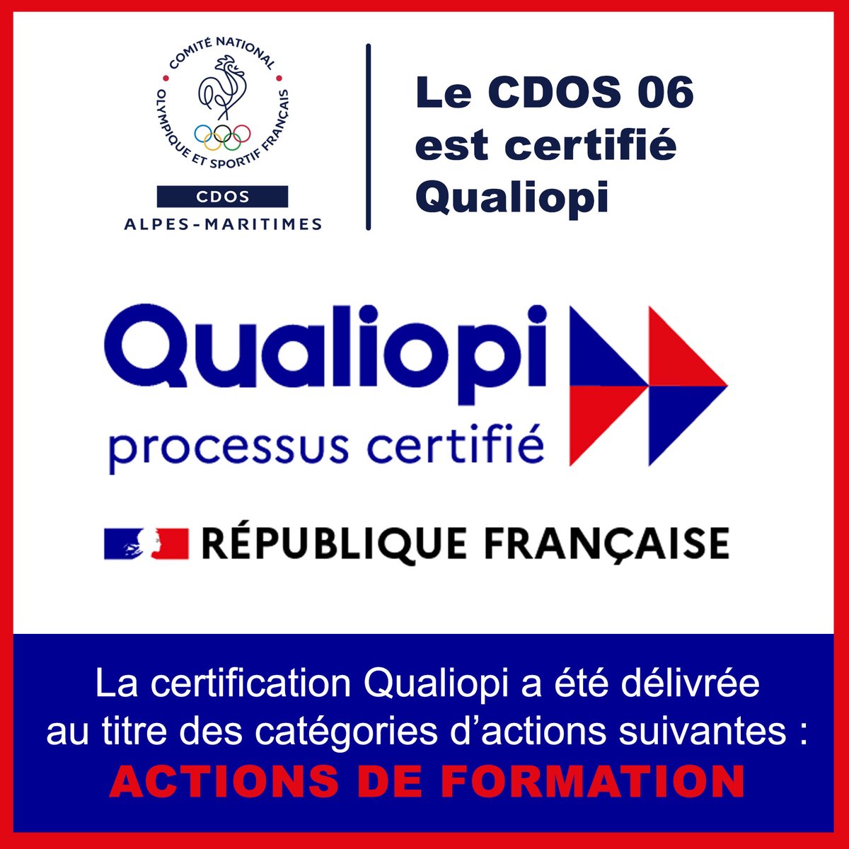 CDOS06's tweet photo. Le CDOS 06 est dorénavant organisme de formation "Qualiopi". La certification Qualiopi atteste de la qualité et de la fiabilité des formations proposées par le CDOS 06.
#cdos06 #qualiopi #formation #labelqualiopi #alpesmaritimes #comitéssportifs #clubsportif https://t.co/mvdHhm97YG