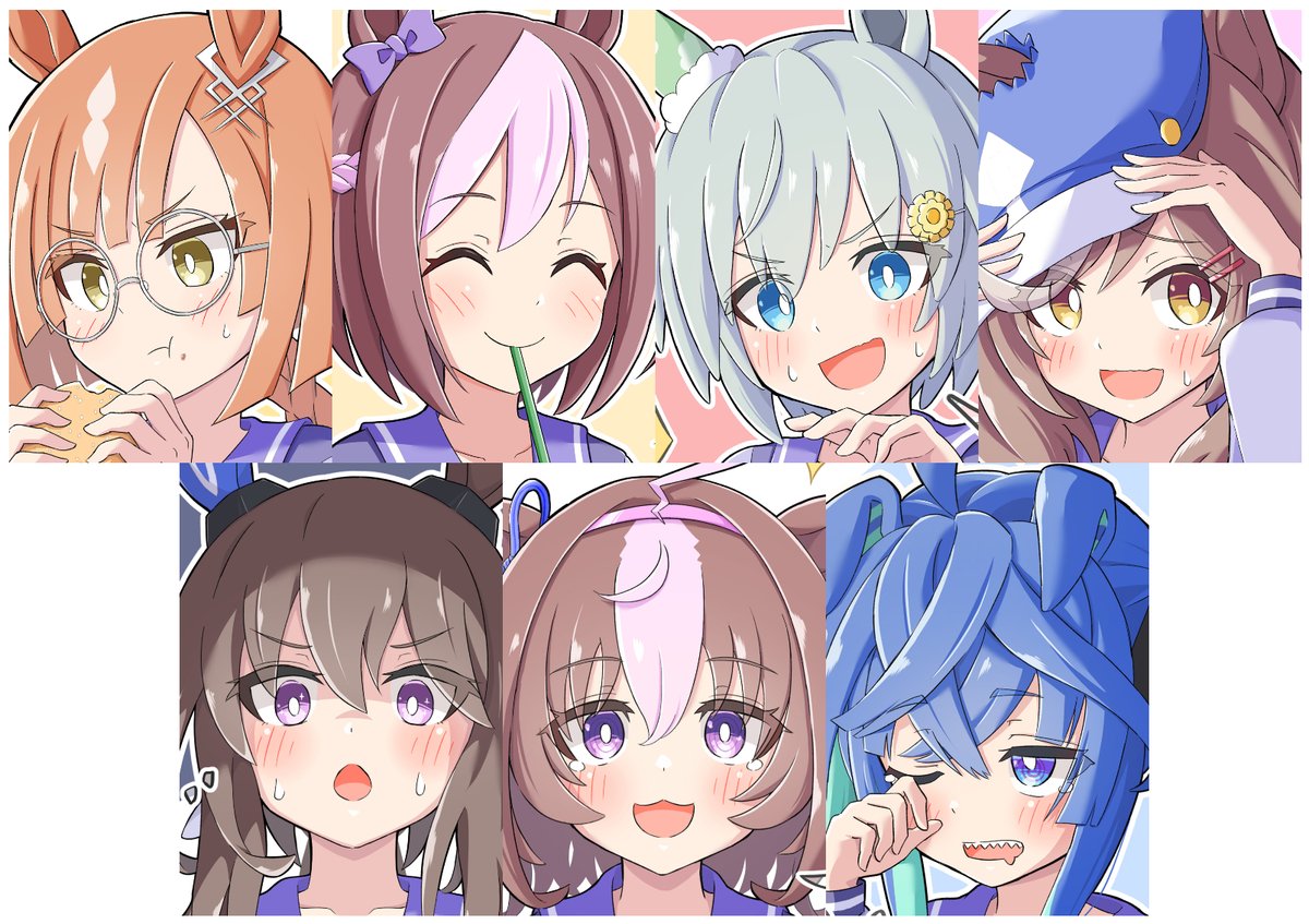 matikane tannhauser (umamusume) ,seiun sky (umamusume) ,twin turbo (umamusume) multiple girls animal ears horse ears 6+girls glasses brown hair hair ornament  illustration images