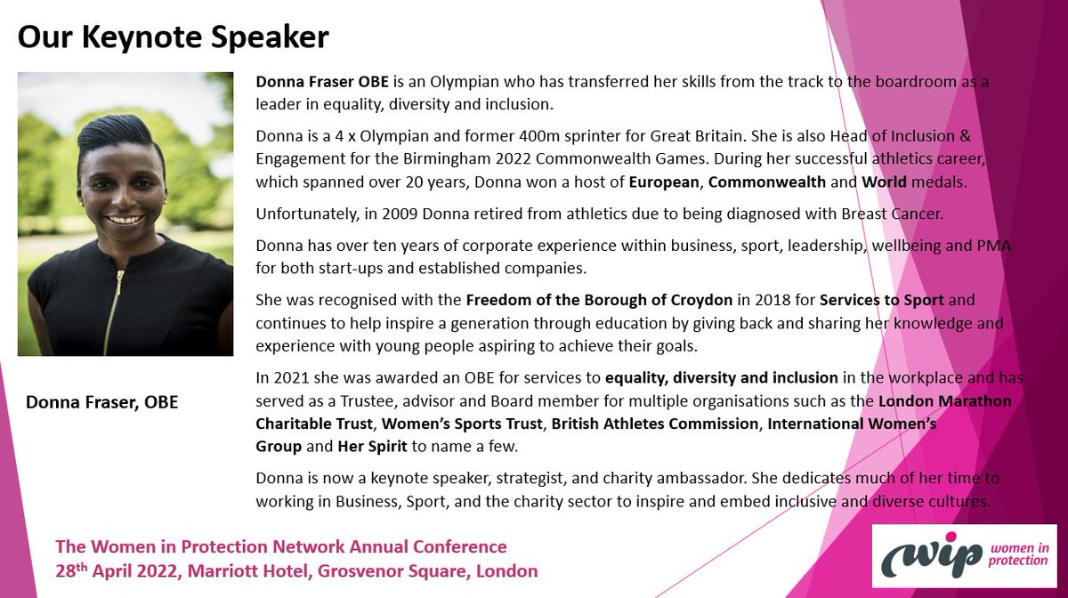 Women in Protection (@wip_network) on Twitter photo Did you know we have Olympian Donna Fraser OBE as our #WIPConf keynote speaker? We’re very excited to have Donna join us on 28/04, along with all our other fantastic speakers. Register here eventbrite.co.uk/o/women-in-pro… <a href="/Cover_Mag/">COVER</a> <a href="/octomembers/">@octomembers</a> <a href="/brazier_john/">John Brazier</a> #ItsTimeToMakeAChange Did you know we have Olympian Donna Fraser OBE as our #WIPConf keynote speaker? We’re very excited to have Donna join us on 28/04, along with all our other fantastic speakers. Register here eventbrite.co.uk/o/women-in-pro… <a href="/Cover_Mag/">COVER</a> <a href="/octomembers/">@octomembers</a> <a href="/brazier_john/">John Brazier</a> #ItsTimeToMakeAChange