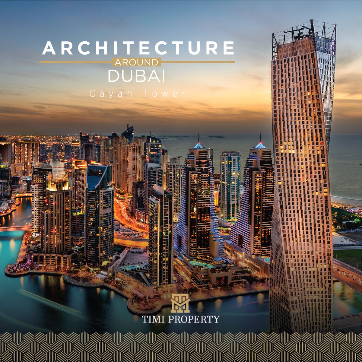 TimiProperty's tweet photo. The tallest "twisted" building in the world is the Cayan Tower, a 73-story structure located in Dubai Marina. 
Each story rotates 1.2 degrees, which results in an 80% spiral-like rotation that has become one of the most famous buildings in the world. 

#Timi_Property #Dubai https://t.co/7hX5ayqezE