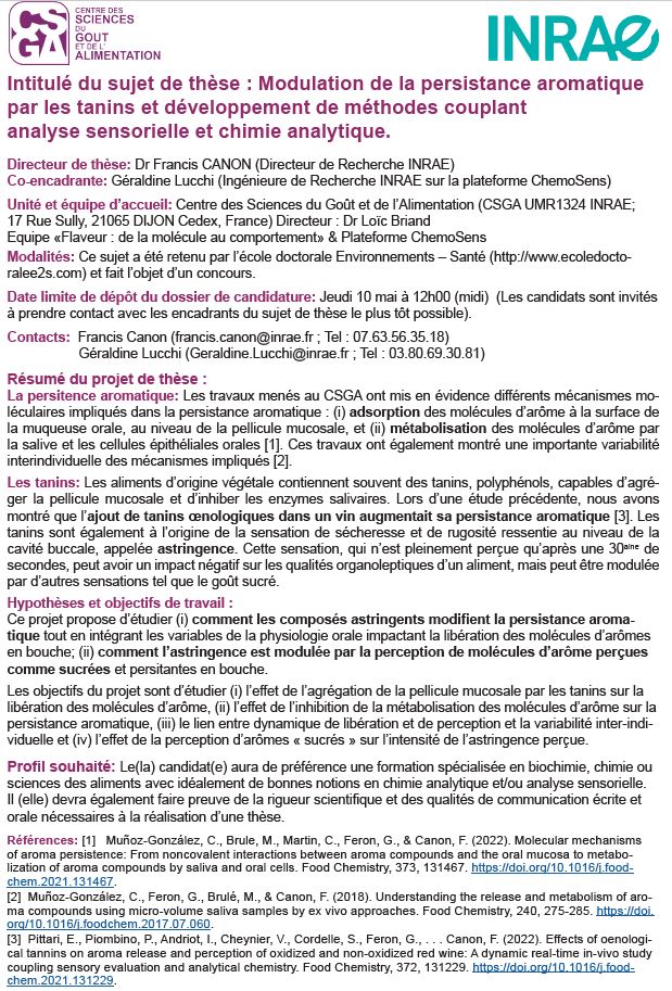 Proposition de #thèse sur la "Modulation de la persistance aromatique par les #tanins et le développement de méthodes couplant #analysesensorielle et #chimieanalytique" 
#sujetdethese #doctorat #vin #arome #gout #flaveur #PTRMS #Spectrométrie_de_masse #MS #recherche #chemosens