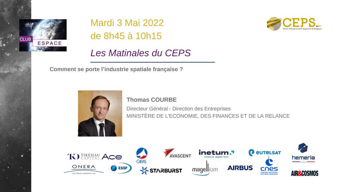 Le 3 mai, le Club Espace vous invite à sa session avec <a href="/T_Courbe/">Thomas Courbe</a> .

Il répondra à la question : Comment se porte l’industrie spatiale française ?

Pour vous inscrire à cet événement, suivez ce lien : oandb.typeform.com/to/TpfTXtCT?ut…
