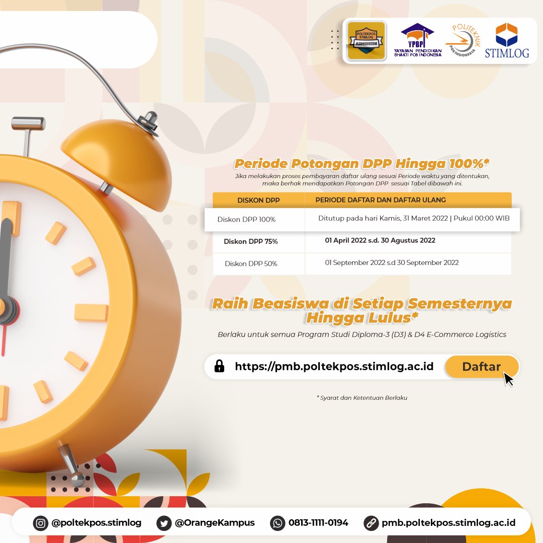 Admission_ULBI's tweet photo. Create Your Future Now!
https://t.co/7X2W1Oqztc

Info lebih lanjut, kamu bisa menghubungi:
WhatsApp Official PMB POLTEKPOS 0811-2267-778
WhatsApp Offcial PMB STIMLOG 0811-2397-778

#POLTEKPOS
#STIMLOG https://t.co/o5wHpRaTR8