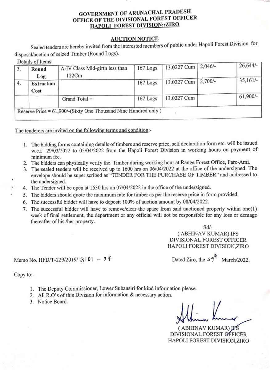 DiproZiro's tweet photo. The heading for the post may be given as ‘ Timber Auction notice under Hapoli Forest Division, Ziro’ https://t.co/2U37upo5LZ