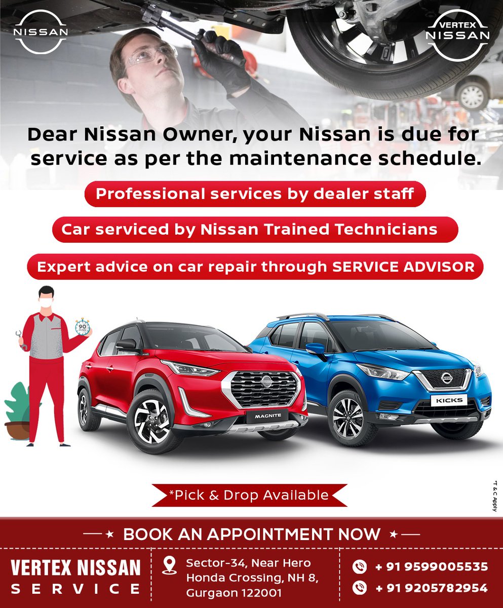 VertexNissan's tweet image. #ProfessionalCarService
Get your car full health checkup now by Nissan's trained technicians. Get your Nissan serviced without leaving the comfort of your home. Choose Pick up and Drop off when booking a service online. 
.
👉 #VertexNissanService -
📞09599005535 📞09205782954
