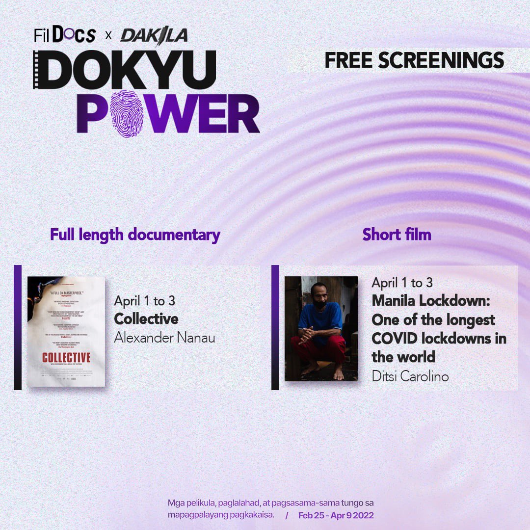 DaangDokyu's tweet photo. Week 5 of Dokyu Power!
This week, we have Collective and Manila Lockdown: One of the longest COVID Lockdowns in the world.
Screening April 1 to 3. To watch for free, go to https://t.co/hiyR2Vpqaw
#DokyuPower #KwentoNatinTo #fildocs #dakila https://t.co/kOHFjBQuKi