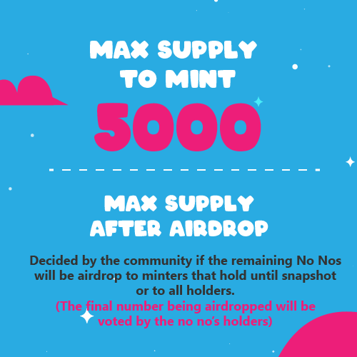 NoNos_NFT's tweet photo. Mint one get one free?! 

The first update to the minting process has been voted on by the COMMUNITY.

We will be cutting the supply, to be minted, to 5k and the remaining No Nos will be aidropped to holders! https://t.co/zYKZb1JUxs