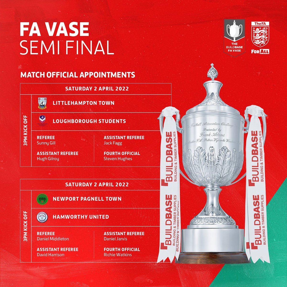 FARefereeing's tweet photo. BUILDBASE FA VASE APPOINTMENTS 🏆 | Good luck to all the officials at the Buildbase FA Vase semi-finals on Saturday!

@LittlehamptonFC v @lborofootball

@nptfc v @HamworthyUtdFC

One game from Wembley! 🏟

#BuildbaseFAVase https://t.co/BVLEXkQSqJ