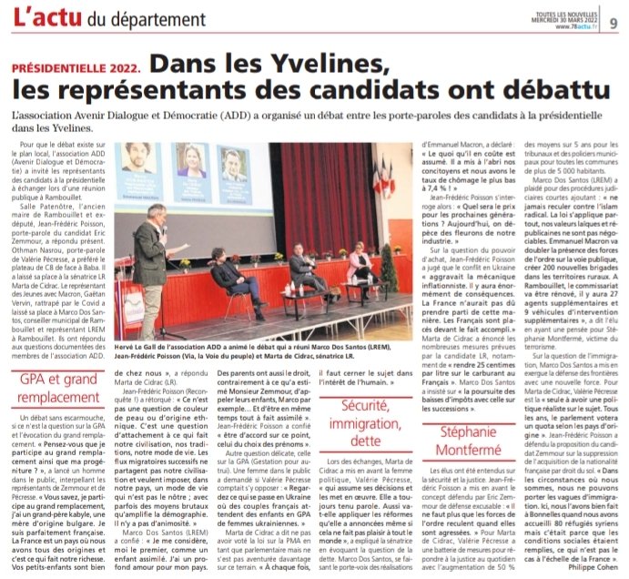 ADDasso's tweet photo. Retour sur notre soirée Débat du 23 mars dans le journal "Toutes les nouvelles" d'aujourd'hui. 
Merci @touteslesnouvel @CohenPhilipp @78actu .

@DosSantosMarco8 @MartadeCidrac @jfpoisson78 

#Elections2022 #Electionspresidentielles2022 #Debat https://t.co/NXSxuZmIw7