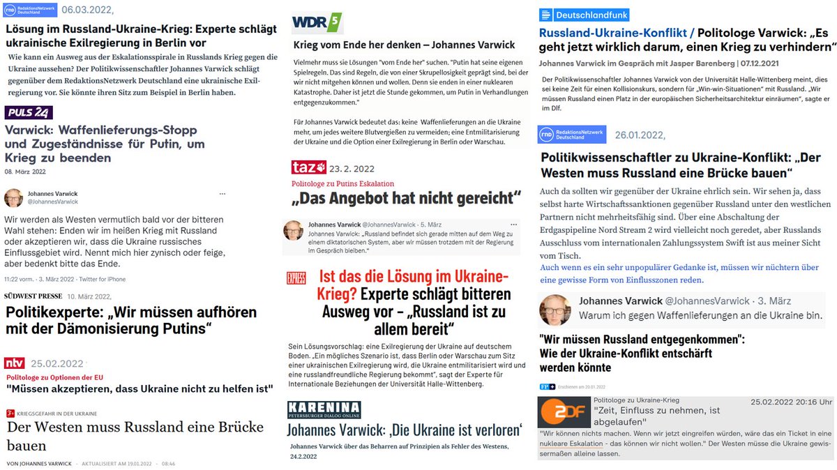 neythomas's tweet photo. "Experte" @JohannesVarwick über die #Ukraine:
24.02.: "Ukraine ist verloren"
25.02.: "müssen die Ukraine alleine lassen"
03.03.: "keine Waffen, stattdessen Ukraine als russ. Einflussgebiet akzeptieren"
06.03.: "Ukr. Exilregierung in Berlin od. Warschau, russ. Marionette in Kyiv" https://t.co/EYWjZtWJGI