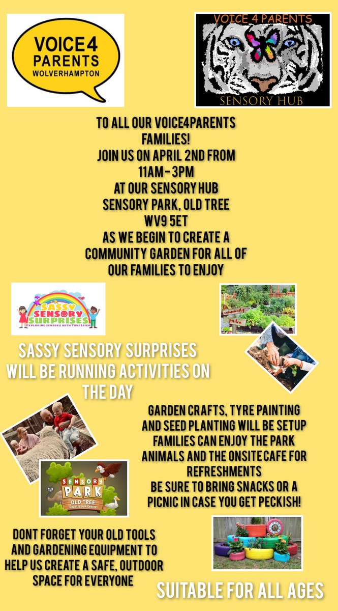 Don't forget to dig out your wellies and spades and join us this Saturday, 2nd April, to start clearing our SEND family community garden at Old Tree Nursery - lots to do for all the family including activities for our children and young people. 11am - 3pm Bring a picnic or snacks