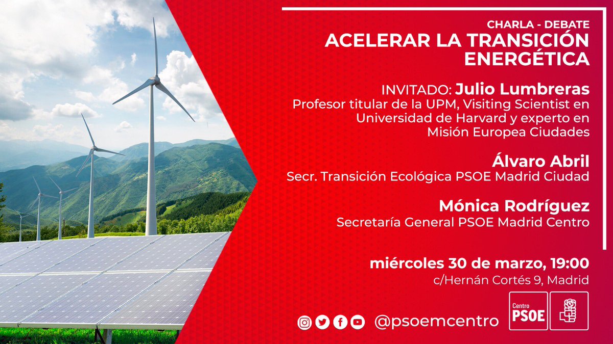 fuente_monica's tweet photo. Esta tarde debatimos con @julumbreras y @abrilalvaro en @PSOEMCentro sobre la necesaria "Aceleración de la Transición Energética".

Un reto que lleva mucho tiempo encima de la mesa y que en el contexto actual es imprescindible hacerlo ya.

Nos vemos a las 19:00 h.

¡Hasta ahora! https://t.co/kS6lsfz7np