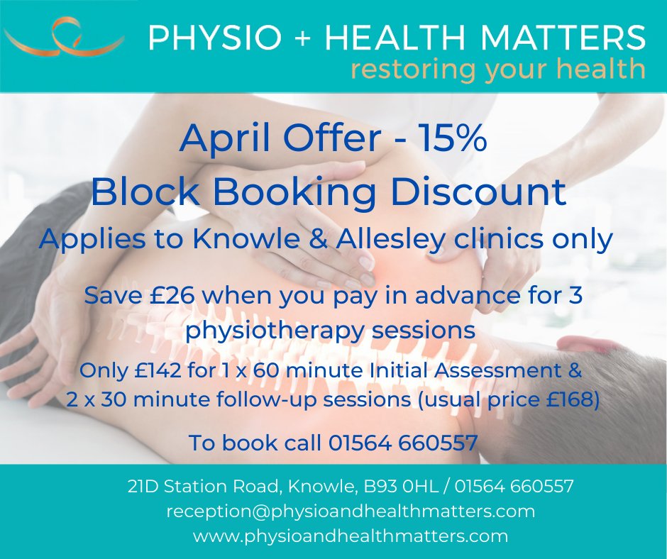 PhysioAndHealth's tweet photo. April Offer – 15% Discount for block booking – applies to Knowle and Allesley clinics only
Save £26 by booking 3 physiotherapy sessions, for more information go to  https://t.co/nZojRPyZVO
#physioandhealthmatters #knowle #allesley #physiotherapy #discount #April #offers https://t.co/DtHPLksyro