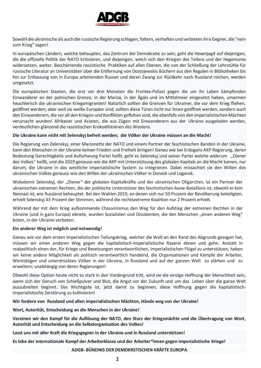 ES LEBE UNSER INTERNATIONALER KAMPF GEGEN IMPERIALISTISCHE INTERESSENKRIEGE!
Weder #Russland noch die #USA; sie werden dem ukrainischen Volk keinen Frieden bringen!
#Ukraine  
#UkraineRussiaWar
#ADGB