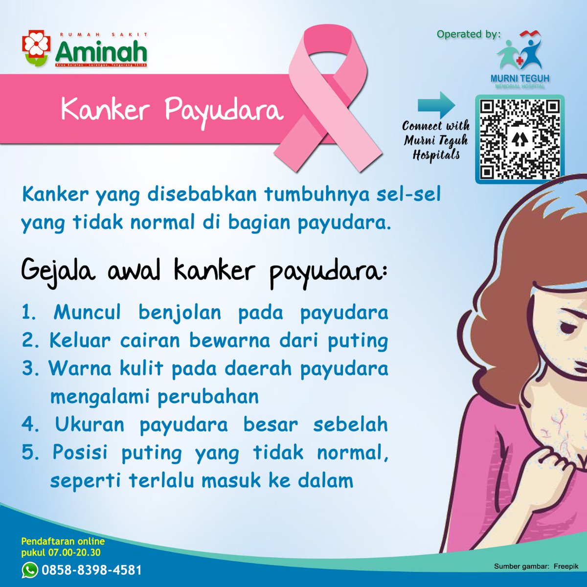 rsmurniteguhct's tweet photo. KANKER PAYUDARA

Kanker yang disebabkan tumbuhnya sel-sel yang tidak normal di bagian payudara.

Kenali gejala awal kanker payudara dan segera lakukan pendeteksian dini.

#MurniTeguh
#MakeTomorrowMoreHealthy https://t.co/rfKRJBIV0T