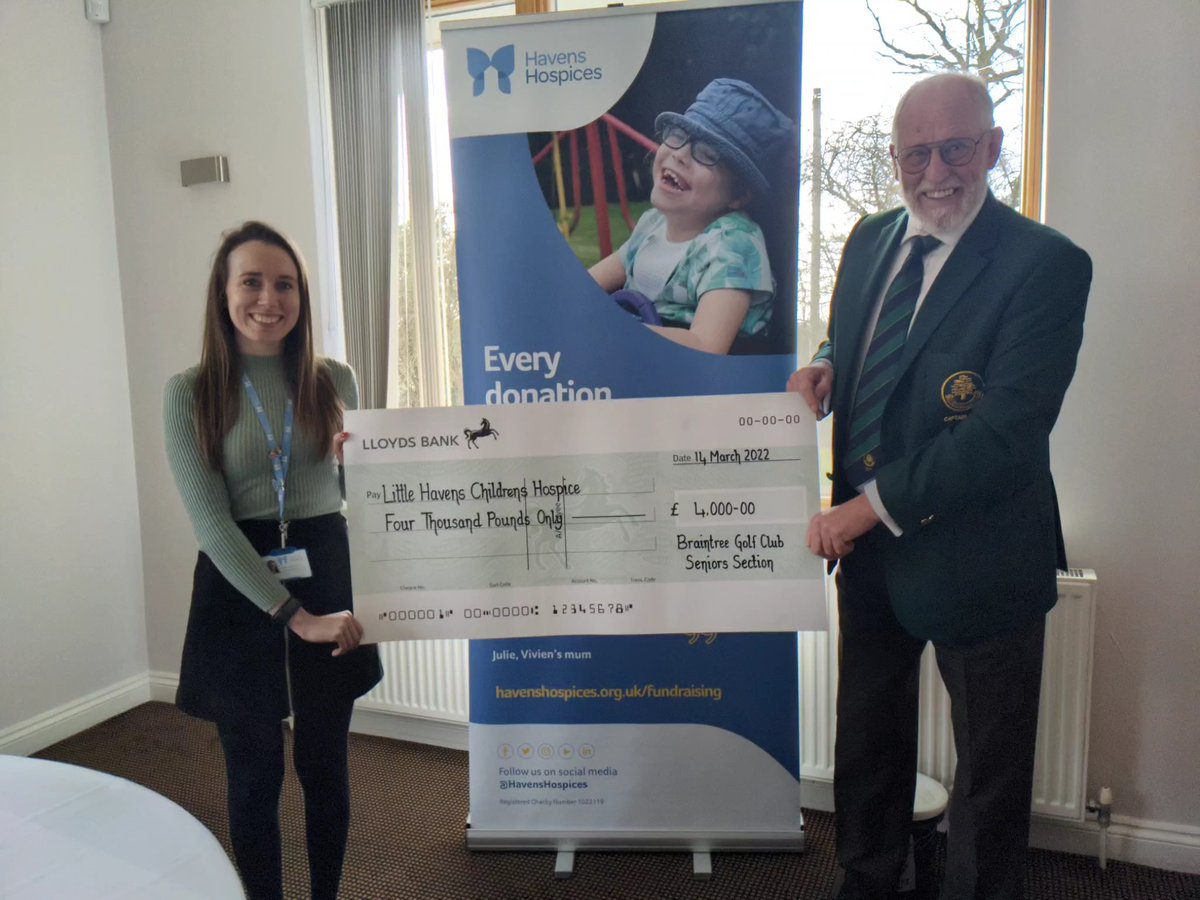 Excellent work by Seniors Captain Brain Day and the Seniors section in raising important funds for Little Havens Children's Hospice.  Club Captain Mike Saffill presenting the cheque to Little Havens on behalf of Brain Day.