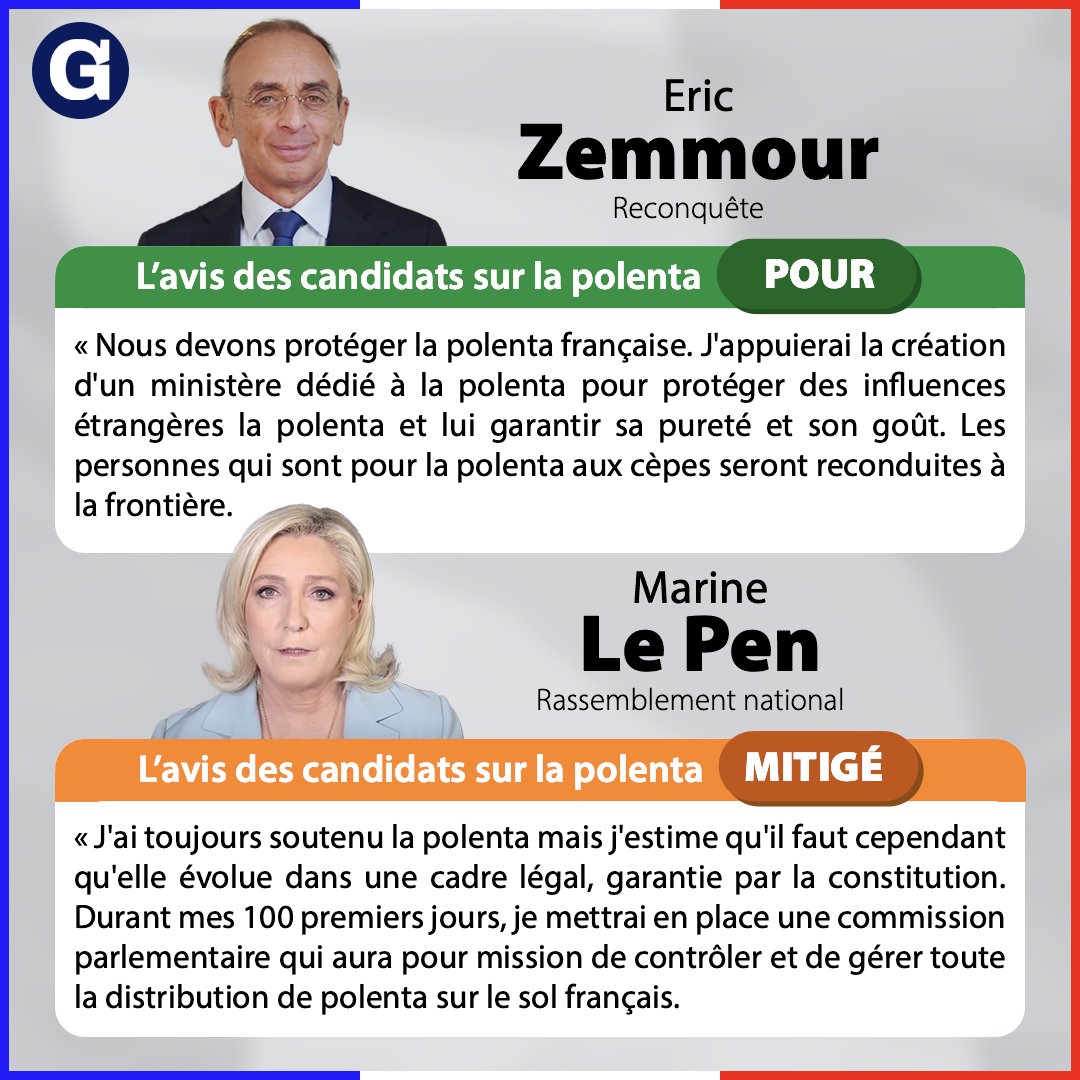 le_gorafi's tweet photo. L'avis des candidats : pour ou contre la polenta ? https://t.co/rXYY2dGvJt
