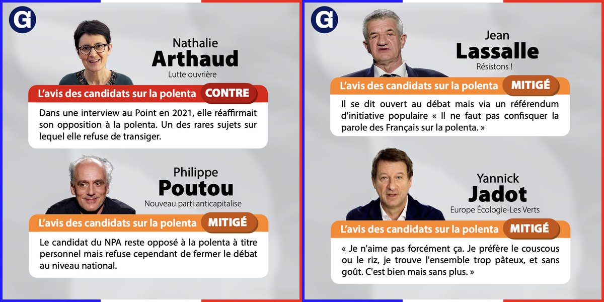 le_gorafi's tweet photo. L'avis des candidats : pour ou contre la polenta ? https://t.co/rXYY2dGvJt