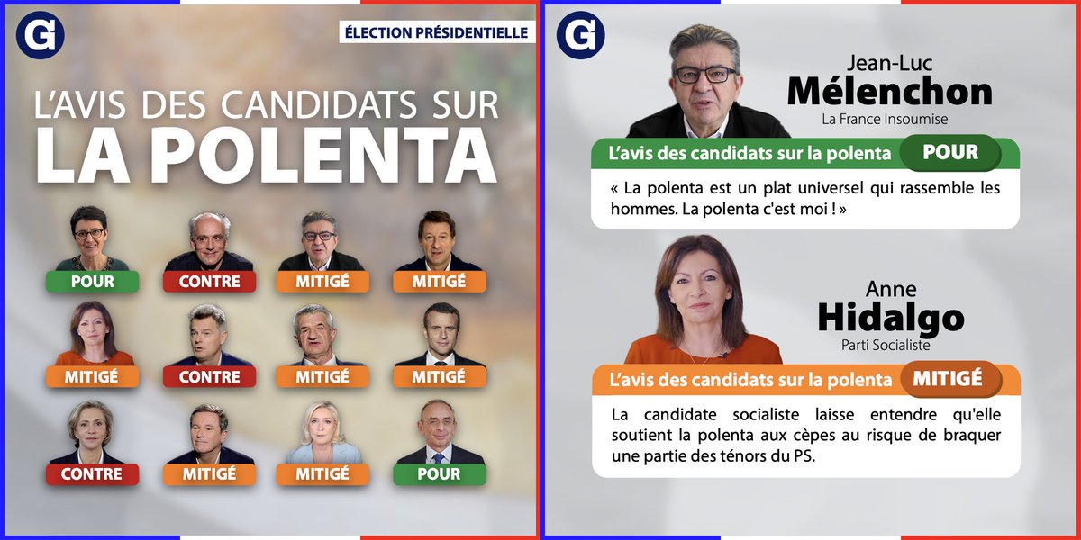 le_gorafi's tweet photo. L'avis des candidats : pour ou contre la polenta ? https://t.co/rXYY2dGvJt