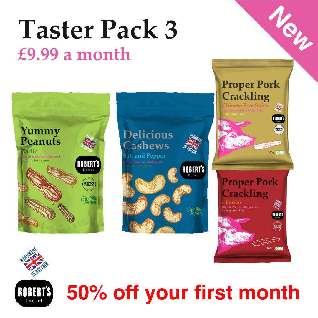 robertsdorset's tweet photo. Pack 3 contains two 100g bags Proper Pork Crackling 100g,  one  Yummy Peanuts 100g Pouch, and one Delicious Cashews 100g Pouch. 

Get 50% off your first Taster Pack with code SP at the checkout.

Happy shopping and snacking. 

https://t.co/Cgrl7NS7AY https://t.co/10ntEtL64A