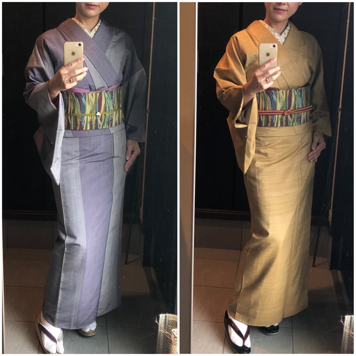 帯1×紬2 道行から作った名古屋帯を なんとなく苦手意識のある紬2枚に