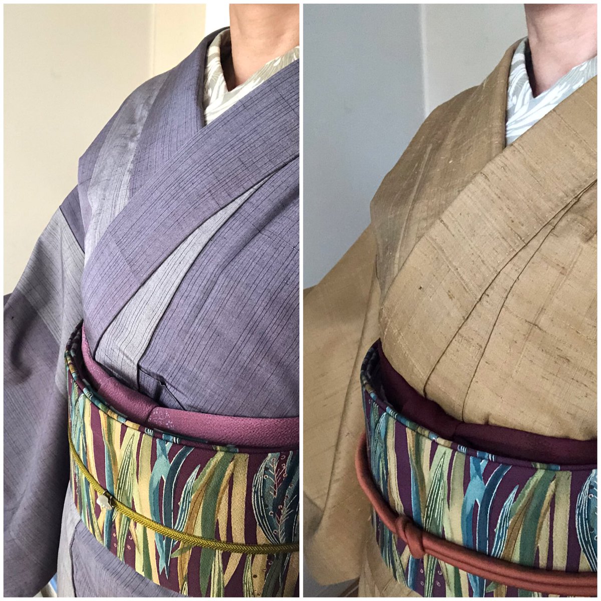 帯1×紬2 道行から作った名古屋帯を なんとなく苦手意識のある紬2枚に