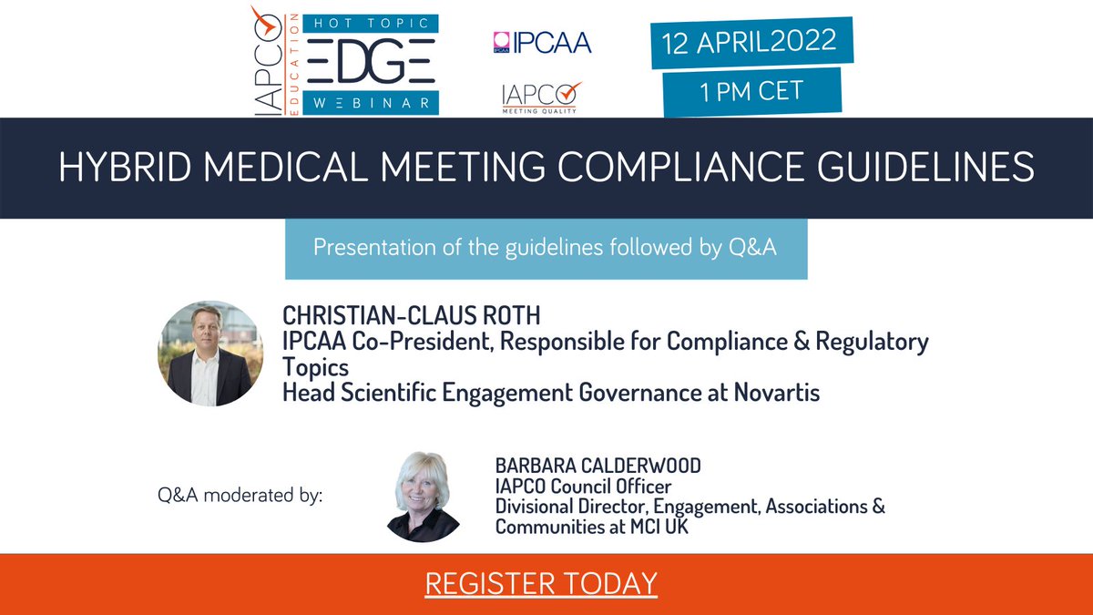 iapco's tweet photo. 📢 WEBINAR: Hybrid Medical Meeting Compliance Guidelines with IPCAA - 12/04/2022 1PM CET - https://t.co/atfTMSBEBQ Unique opportunity to review guidelines and ask questions. A must attend for medical meetings organisers. #eventprofs #guidelines #medicalmeetings #IPCAA https://t.co/hhYvjaZRgc