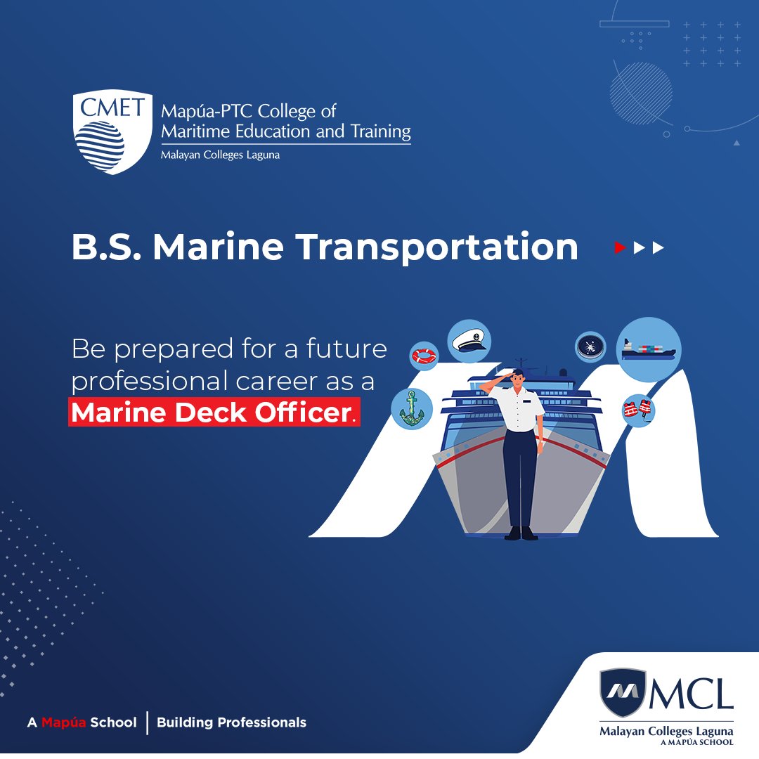 MapuaMCL's tweet photo. MCL is now accepting applications for AY 22-23.

BS Marine Transportation offers quality education and training for future Officers-in-charge of a Navigational Watch.

📌Ask Us: https://t.co/QZnSvMjl3u
📌Apply now: https://t.co/Ihyyqv8vVc

#StudyAtMCL
#BuildingProfessionals https://t.co/1ori37eWhB